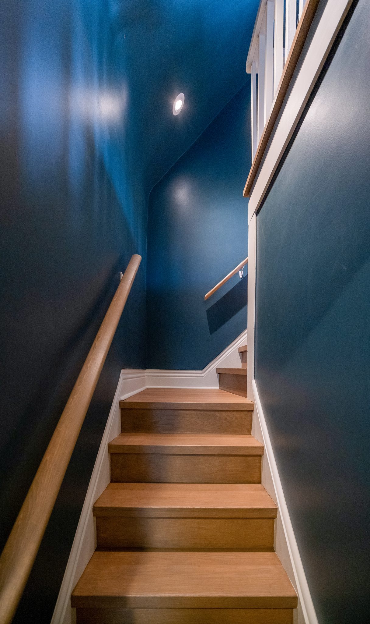White oak staircase in deep blue stairwell, High Park renovation, Toronto